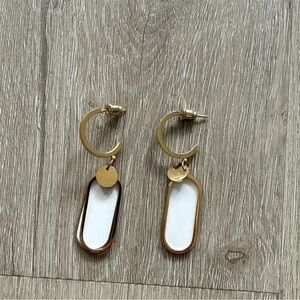 Gold Minimalist Drop Earrings – White Enamel Accent